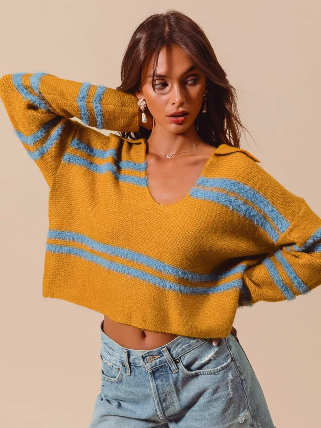 SO ME Fuzzy Hairy Stripe Deep U Neck Swetaer