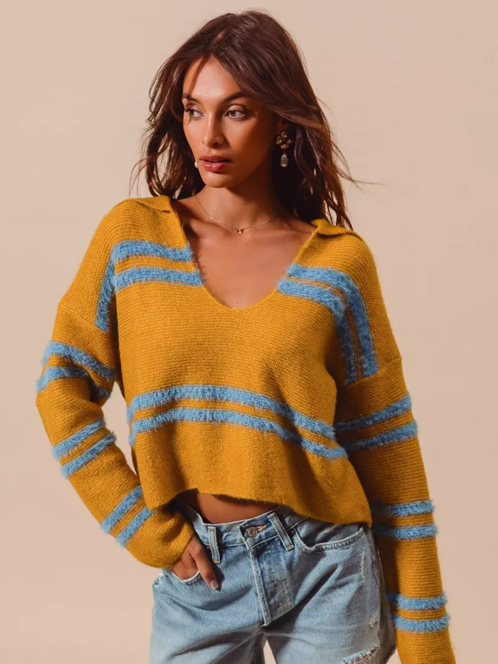 SO ME Fuzzy Hairy Stripe Deep U Neck Swetaer