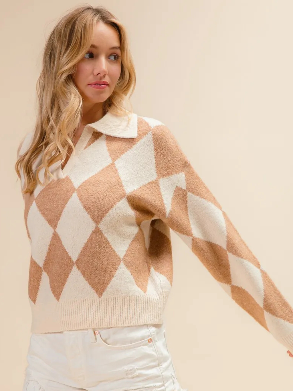 BiBi Diamond Pattern Collared Notch Neck Sweater