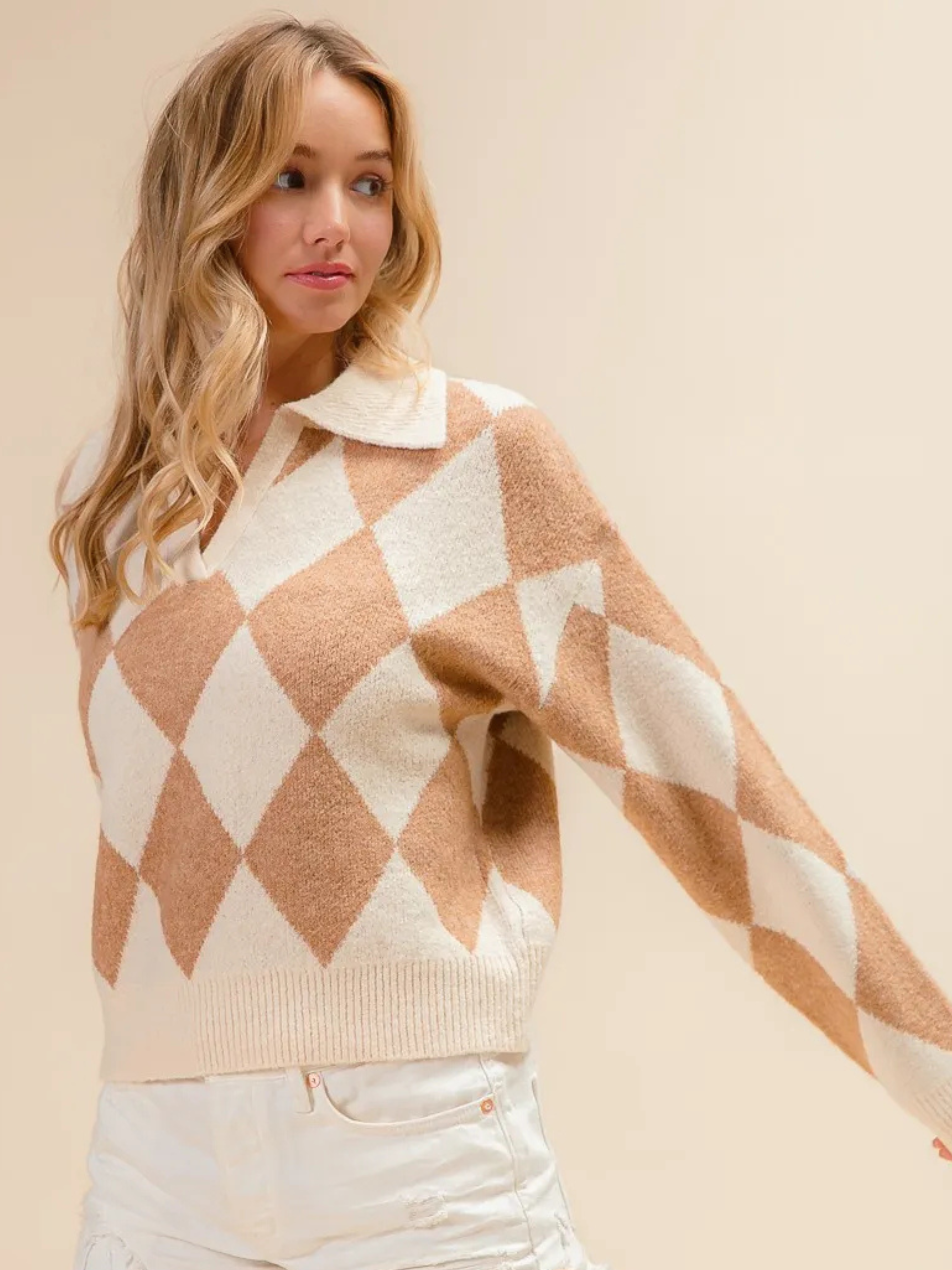 BiBi Diamond Pattern Collared Notch Neck Sweater