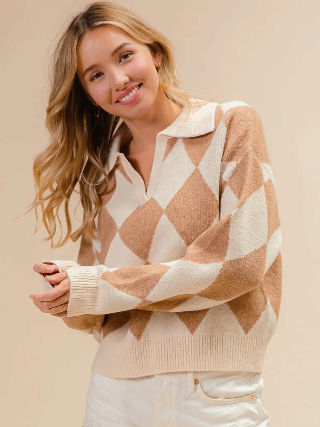 BiBi Diamond Pattern Collared Notch Neck Sweater
