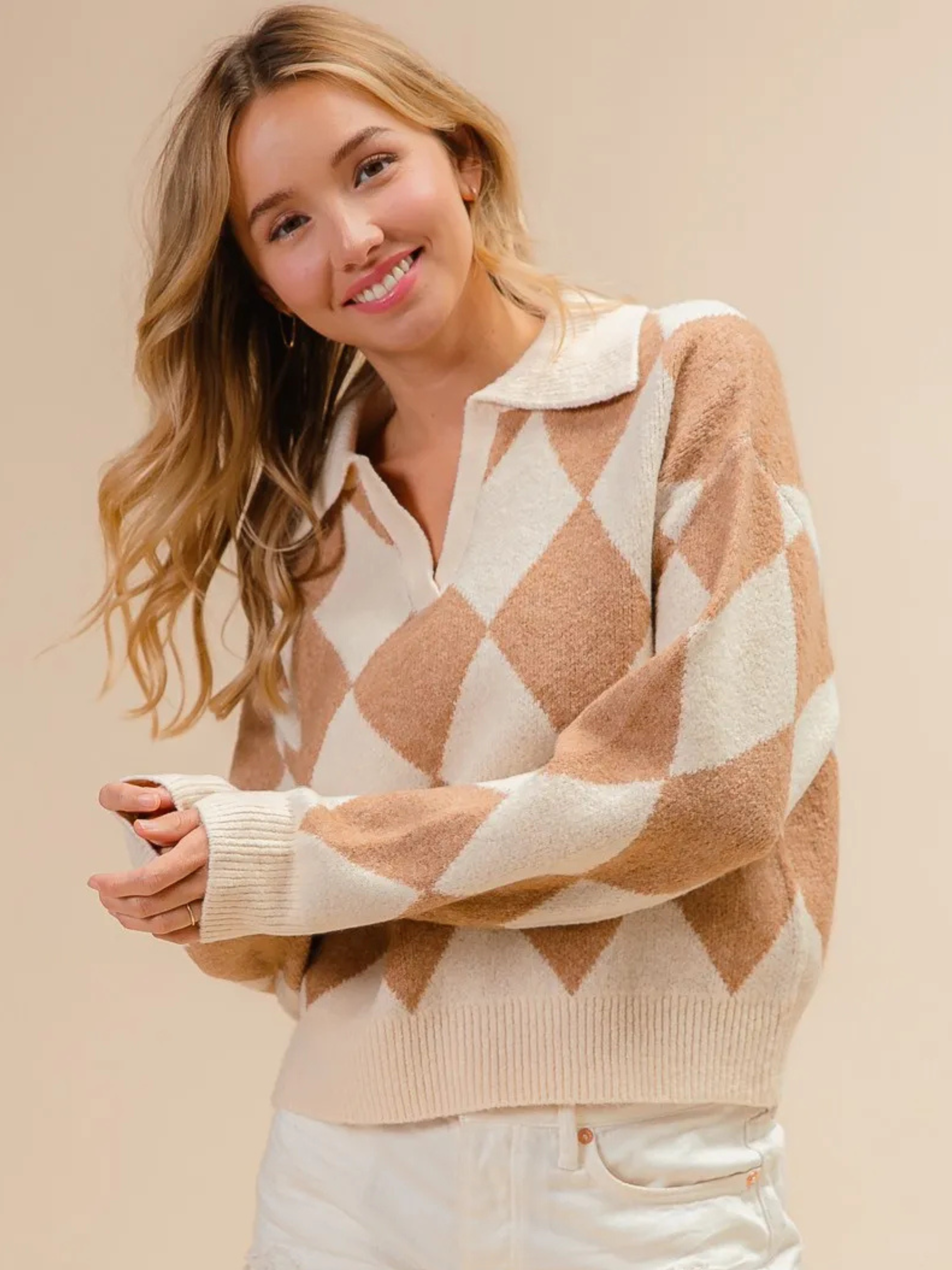 BiBi Diamond Pattern Collared Notch Neck Sweater